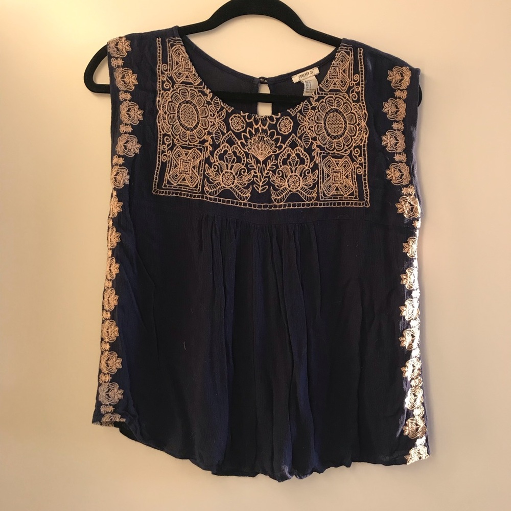 Embroidered navy top